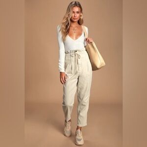 Free People Women’s Margate Beige Paperbag Waist Pleated Trouser Pants Size XS